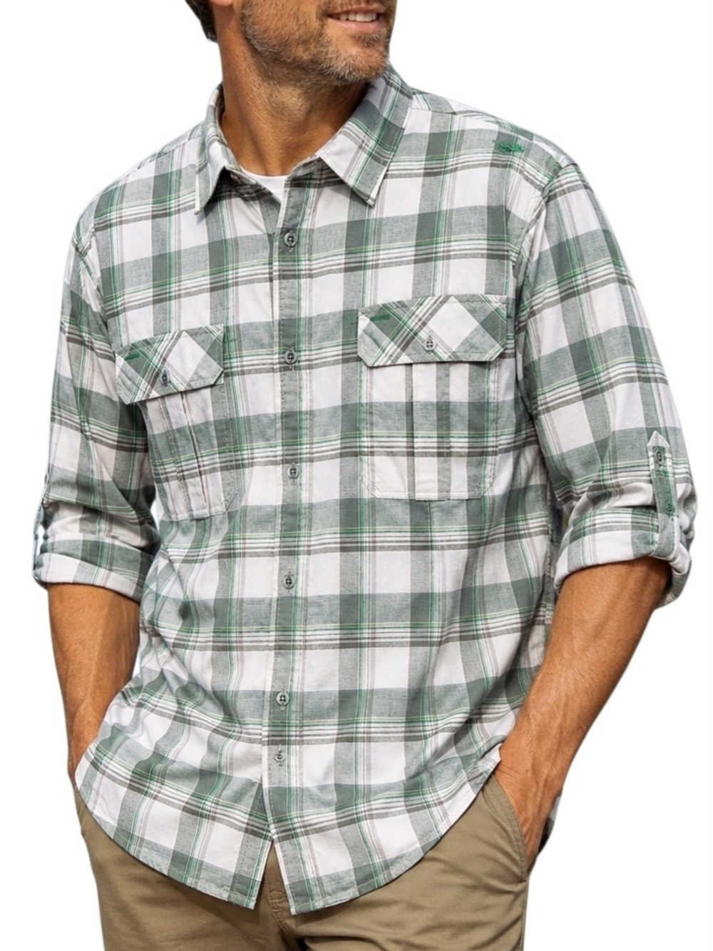 BOS Big Ocean Sport Mens Large Plaid Fishing Hiking Button Front Shirt Vented